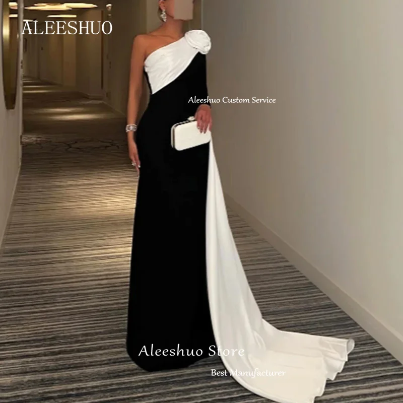 Aleeshuo Modern Black Mermaid Evening Dresses Satin One Shoulder Prom Dress Pleated Flower Party Dresses Court Train Customized