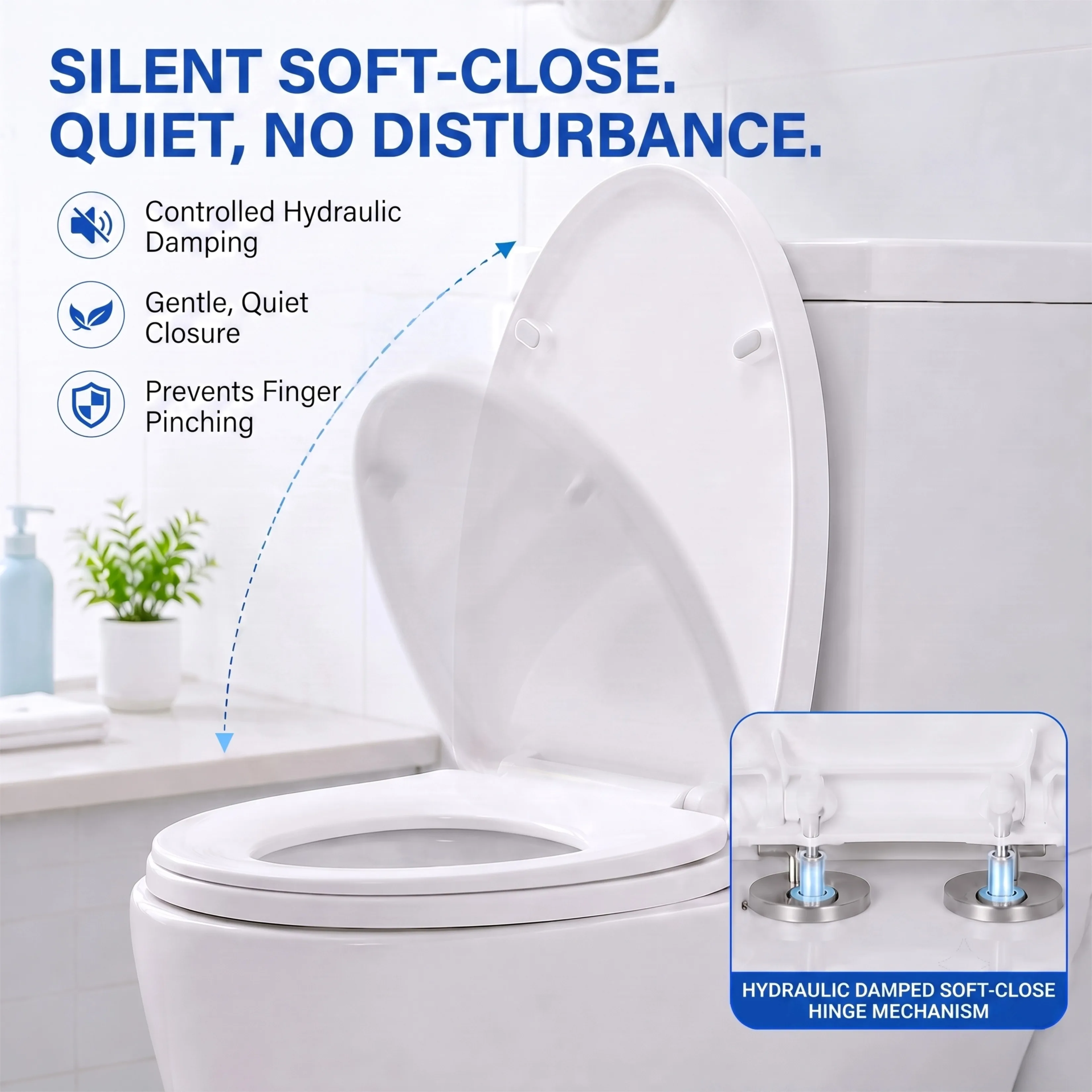 Universal U/V Shape PP Toilet Seat Silent Soft Close Hydraulic Hinge Quick Release Top Mount Anti-slip WC Toilet Lid Easy Clean