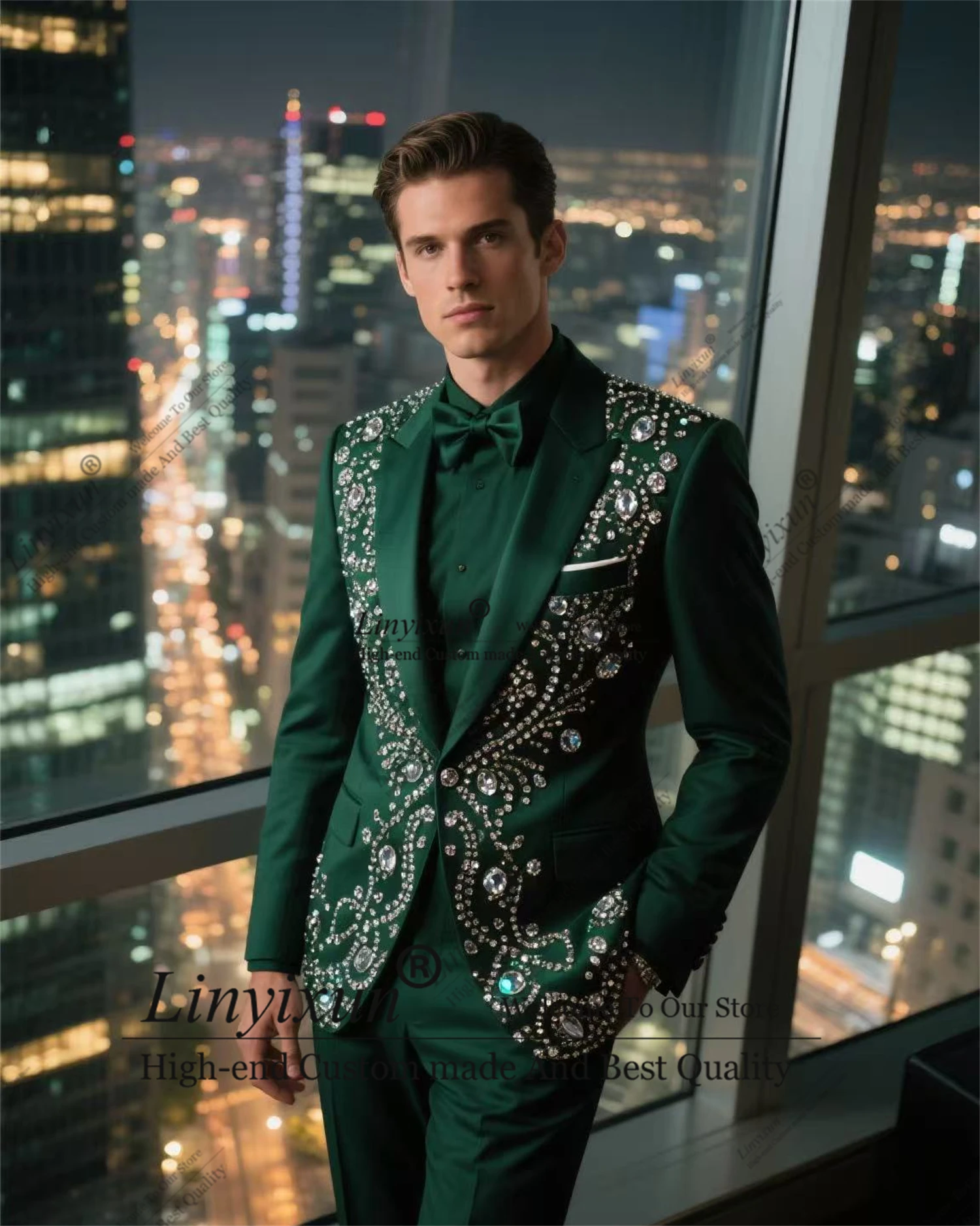 

British Style Diamond Ornament Men Suit Customized Slim Wedding Tuxedos Peack Lapel Ropa hombre 2 Pieces Sets Groom Male Blazers