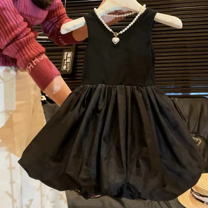 New Girl's Skirt Flower Bud Vest Skirt Hepburn Style60Baby's Faux Tencel Pettiskirt Small Black Skirt-WSNY