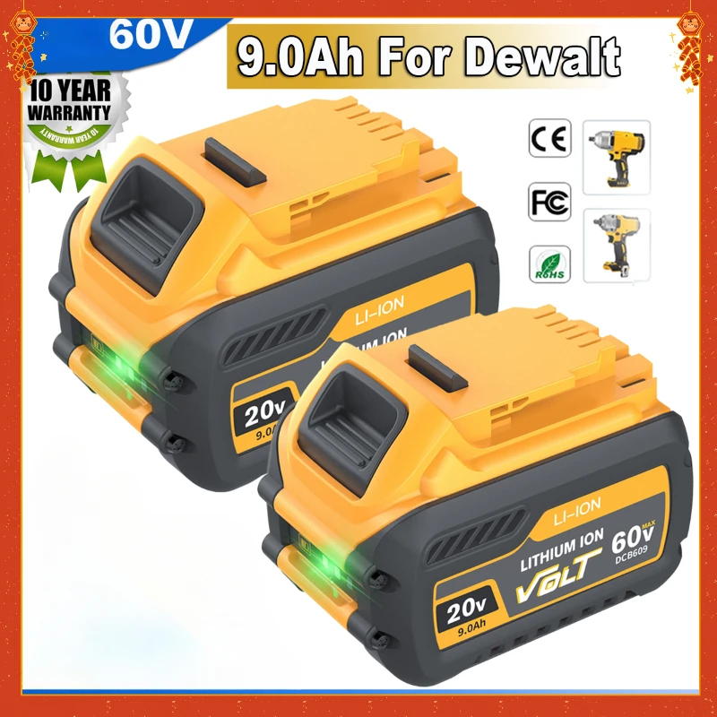 9.0Ah 60V Battery For Dewalt 60V Battery DCB609 DCB606 Replacement Battery Li-ion Power Tool Battery Batteries With LED Lamp