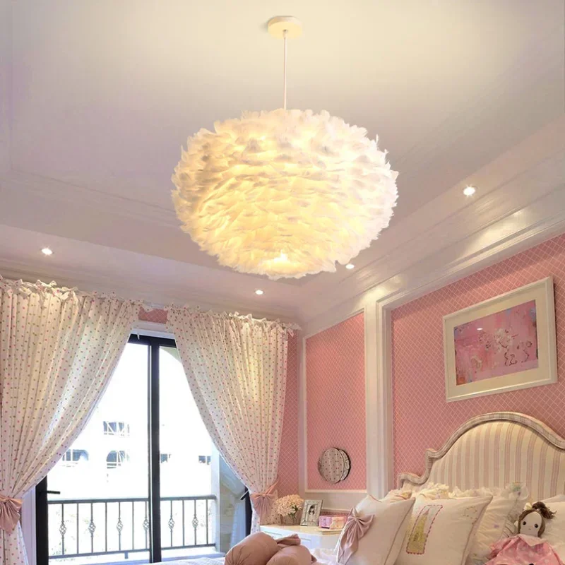 Modern Feather Pendant Lights for Children\'s Princess Room Bedroom Bedside Hanging Lamps Living Room Feather Chandelier Lighting