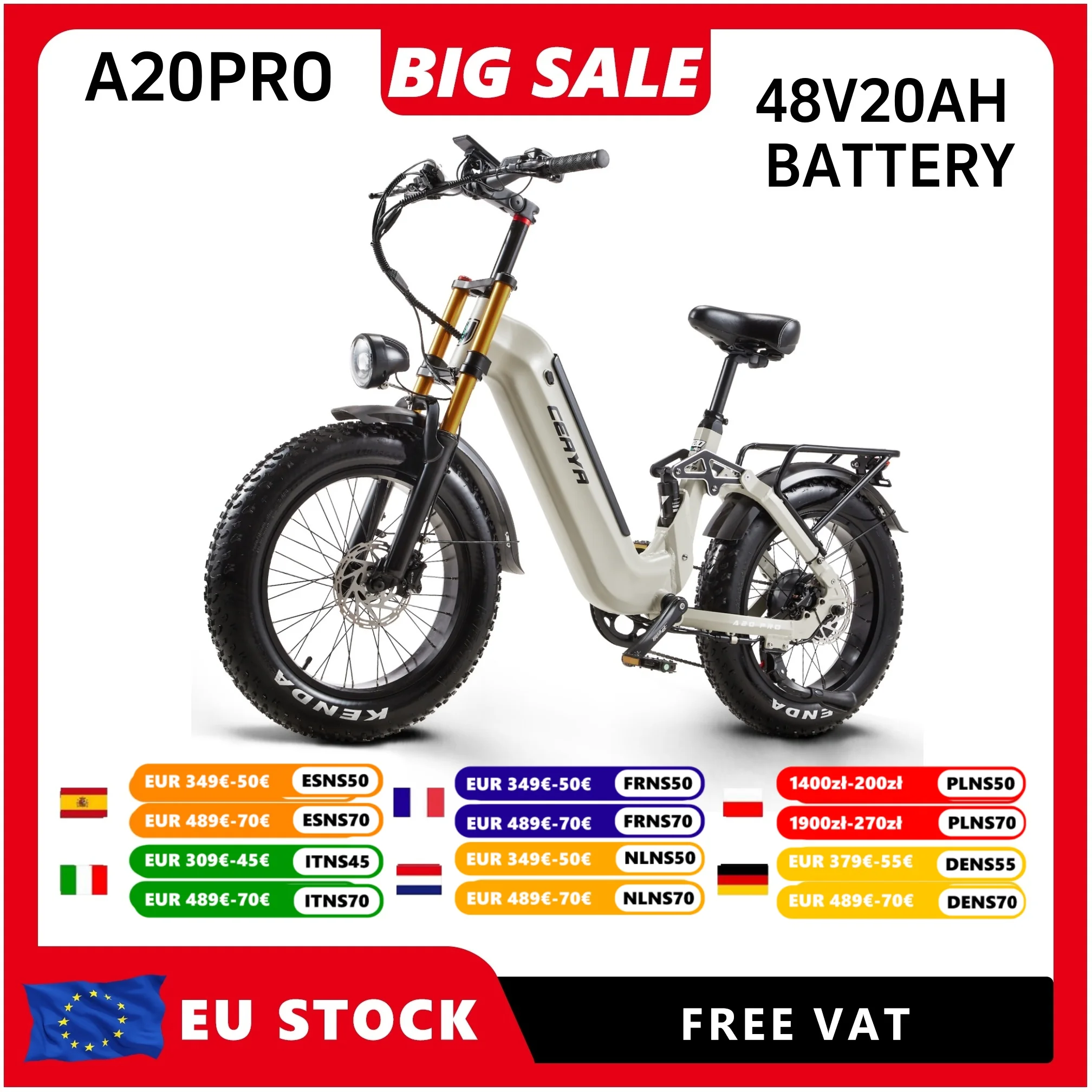 Image of Elektrofahrrad CEAYA A20PRO E-Bike für Erwachsene, Elektrofahrrad mit Ölbremse, City-E-Bike 48V 20Ah, Mountain-E-Bike, Bremslicht, Rücklicht, Scheinwerfer, Step-Strut-E-Bike, KENDA Fat Tire E-Bike