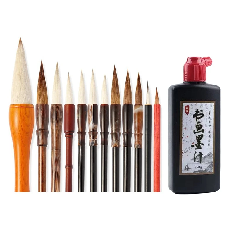 

NEW-12Pcs Chinese Calligraphy Brushes Set, 250 ML Calligraphy And Sumi Liquid Ink,Versatile Chinese Brush Ink