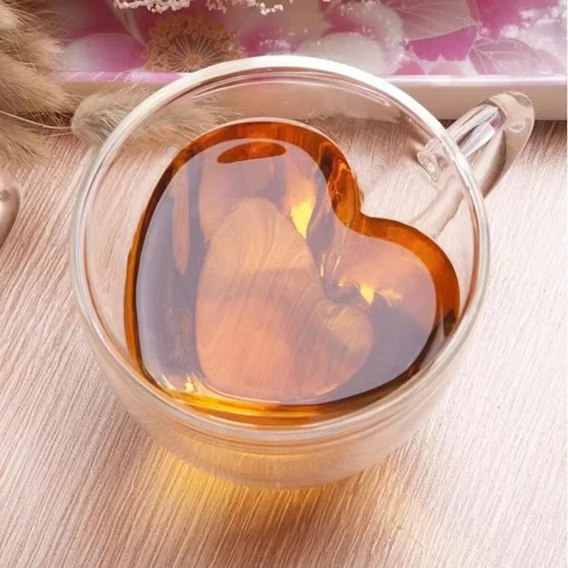 

Heart Love Shaped Glass Mug Double Wall Coffee Cup Insulated Tea Milk Lemon Juice Water Cup Heat Resistant Drinkware Lover Gift