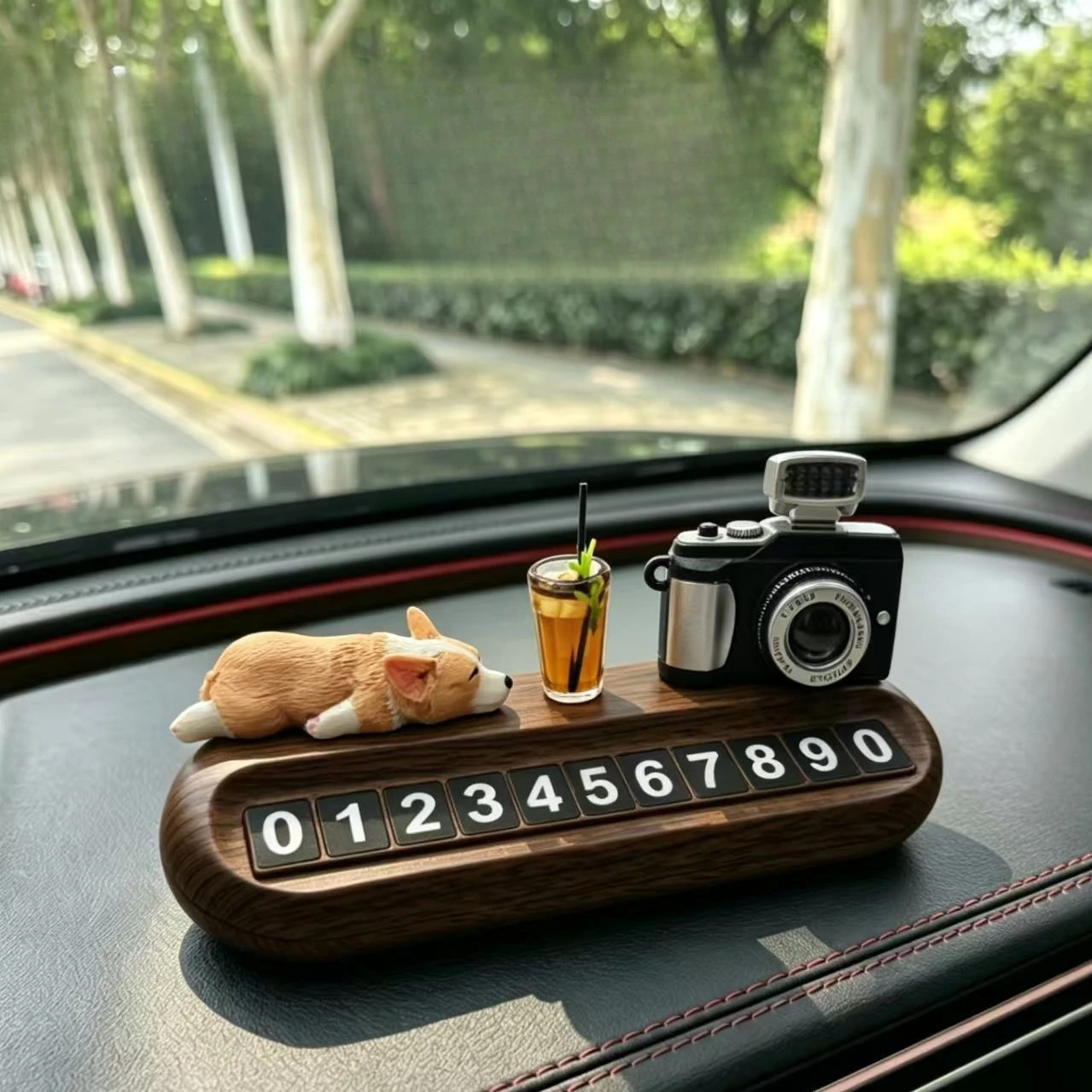 Summer Cute Corgi Parking Sign New Wood Grain Car Number Plate Dashboard Decoration