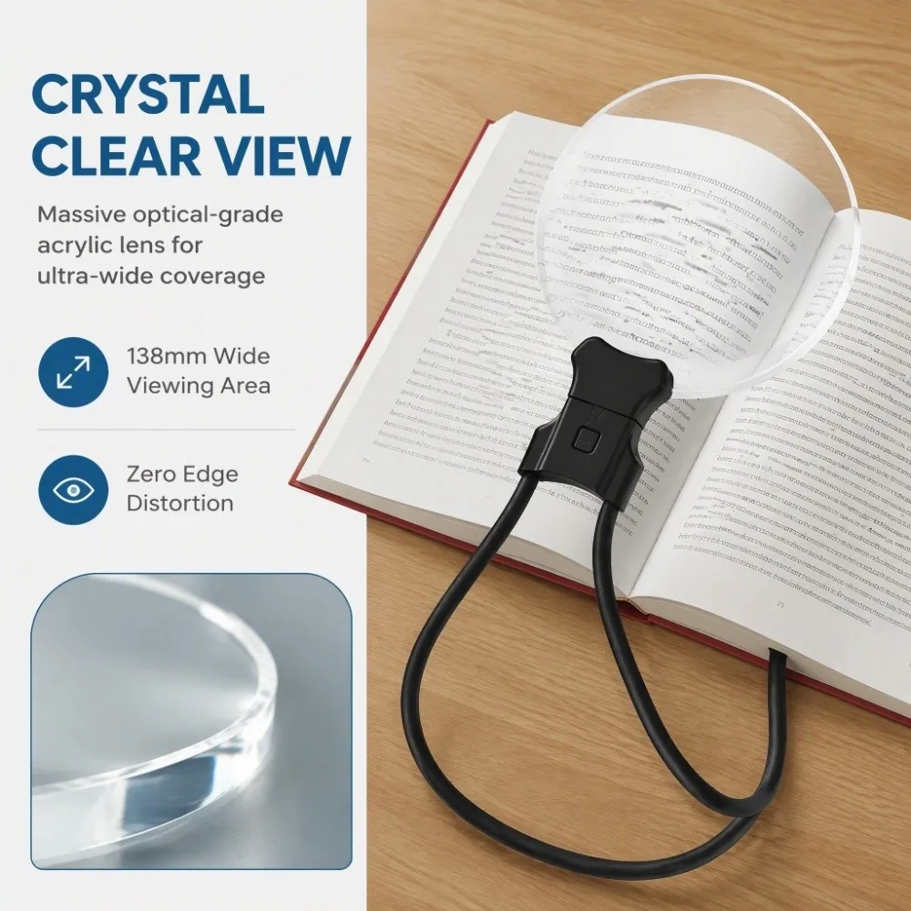 Large Page Hands Free Magnifying Glass Durable 110/130mm Neck Magnifier 12X High Definition Reading Magnifier Repair