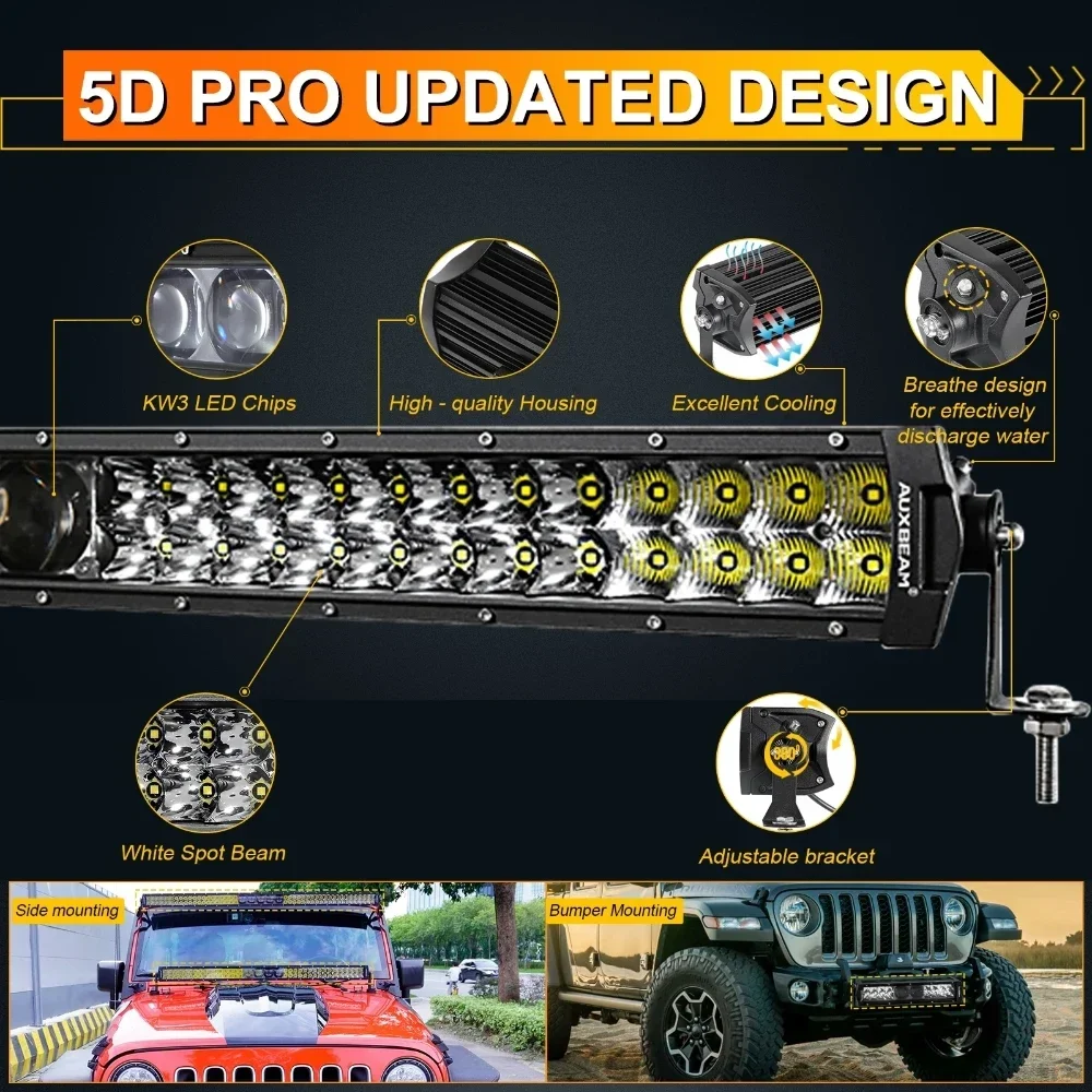 AUXBEAM 52inch 5D-PRO LED Work Light Bar with Wire Harness & Bracket 450W 55000lm Spot & Flood High Brightness for Jeep Wrangler