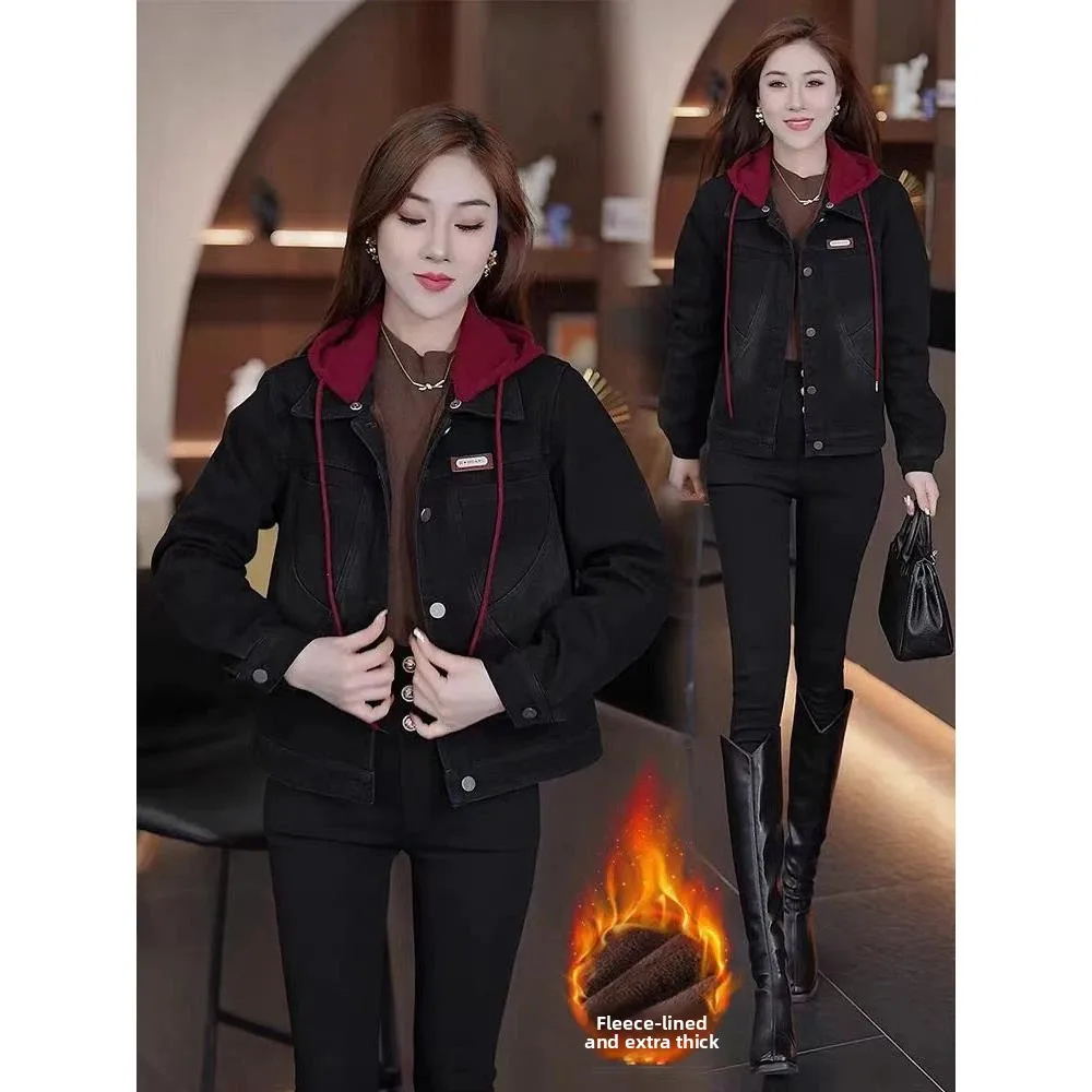 Thiened Fce 후드 데님 재킷 여성 캐주얼 오버사이즈 루즈핏 패셔너블 겨울 2024 신상 다용도 아우터웨어