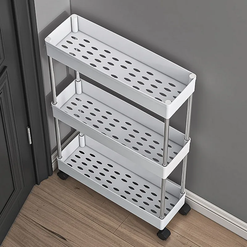 

Тележка-органайзер на 3/4 уровня с выдвижными полками и колесами, узкая, для кухни, ванной и прачечной