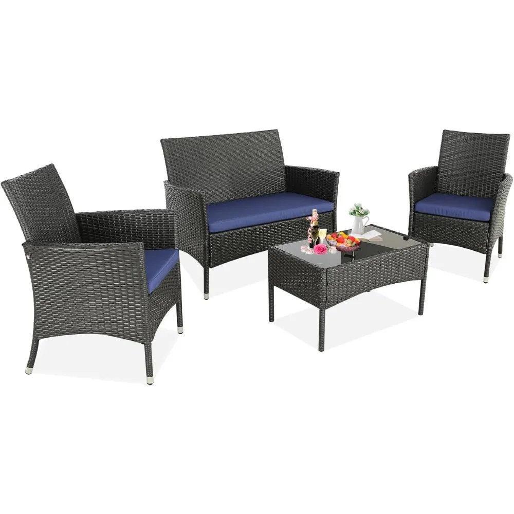 

4-Piece Outdoor Patio Furniture Sets Wicker Sofa with Cushions and Coffee Table Garden Lawn Pool Backyard Outdoor Sofa