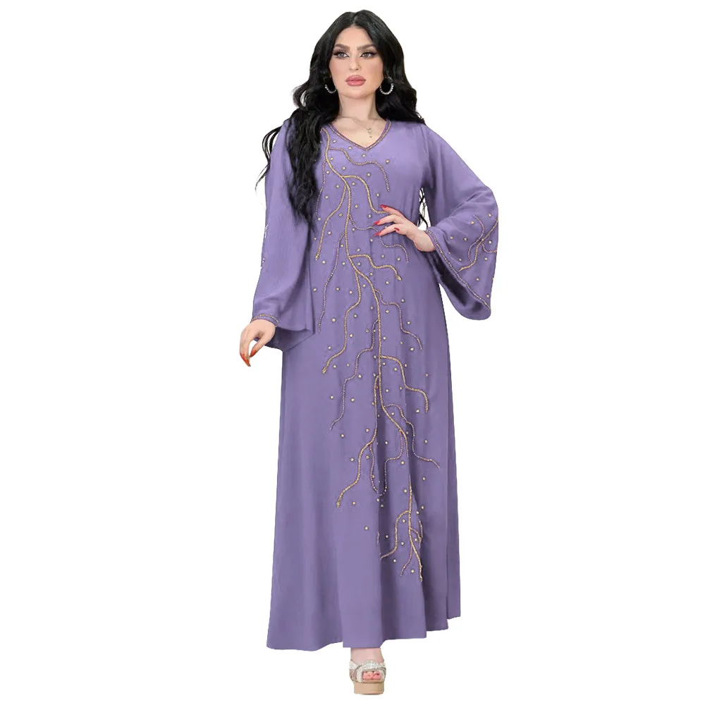 Muslim Abayas for Women Light Luxury Saudi Arabian Robe Fashion V-neck Loose Pullover Solid Diamonds Women Dress Moroccan Dress