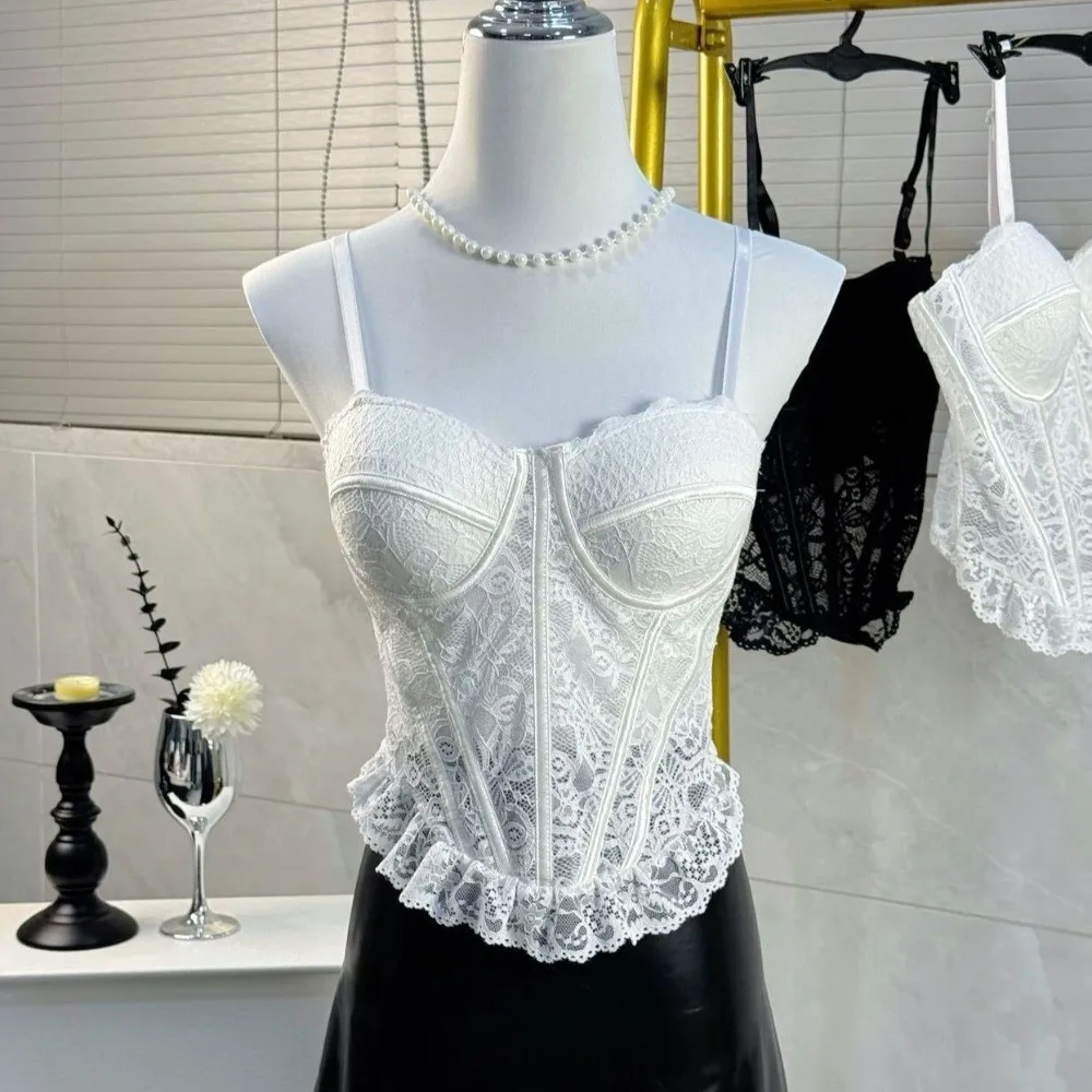 Hottie Mesh Transparentes Spitzen-Camisole, Figurbetontes Fischgräten-Spitzenkorsett, Ärmelloses Träger-Oberteil für den Alltag – Detail 7
