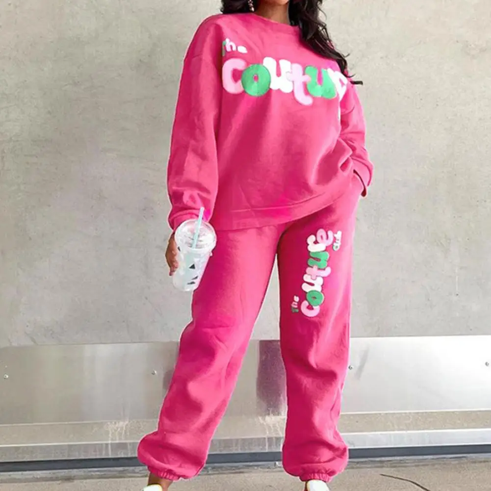 

Women Tracksuit Letter Print Thick O Neck Warm Long Sleeve Sweatshirts Pockets Elastic Waist Trousers Set ensemble jogging femme