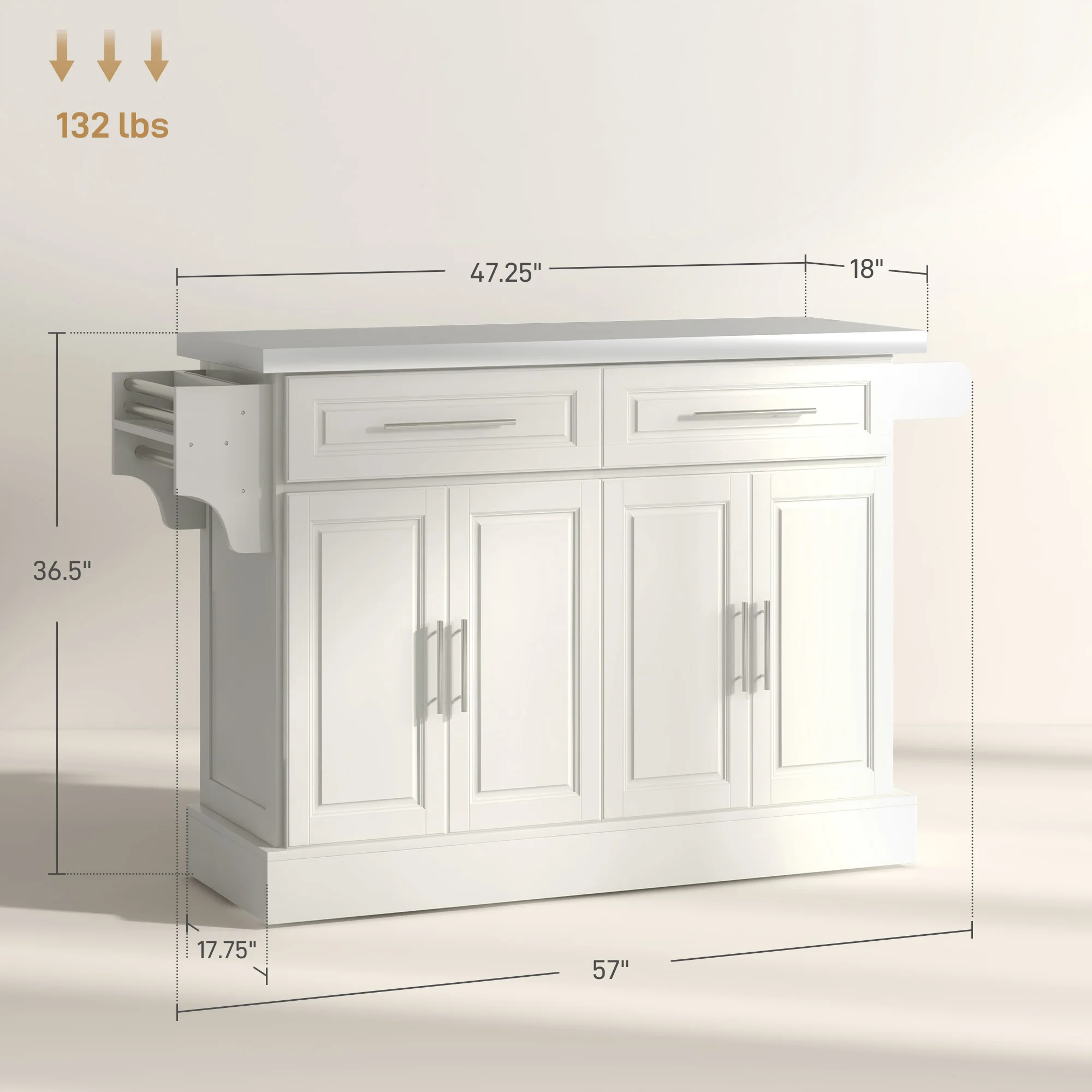 Rolling Kitchen Island with Cabinets and Drawers, Cream White