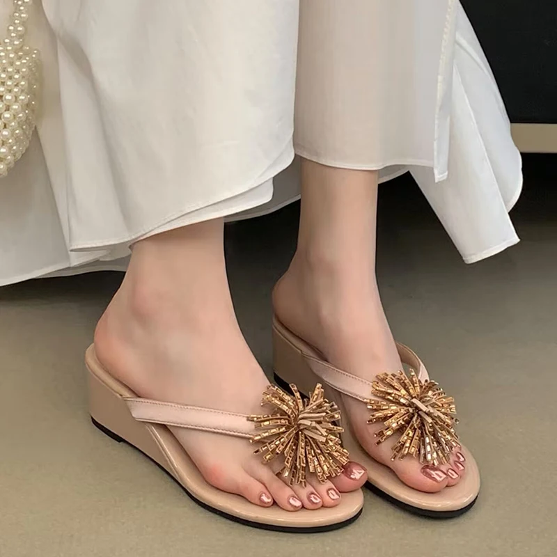

Women's Ladies Burst Rhinestone Tassel Wedge Mid Heel Flip Flops Summer Casual Open Toe Beach Party Thong Sandals Slippers Shoes