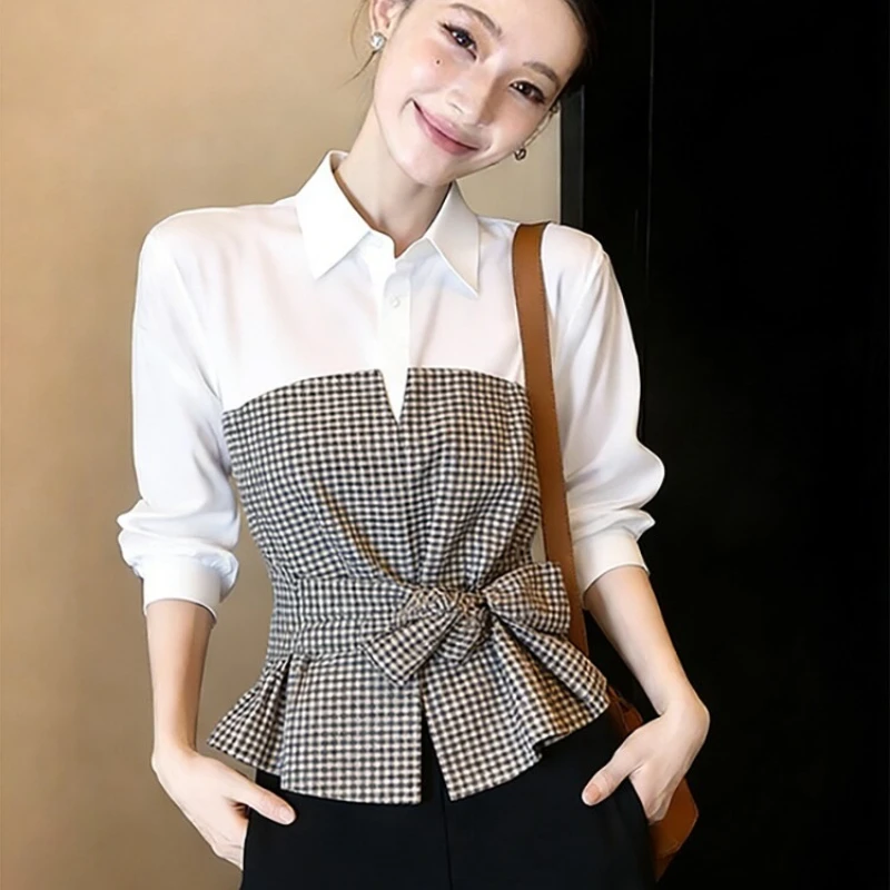 

Casual Women's Blouses Plaid Vintage Shirts Fashion Loose Fit Spring/summer Clothing Long Sleeves Patchwork Women Top