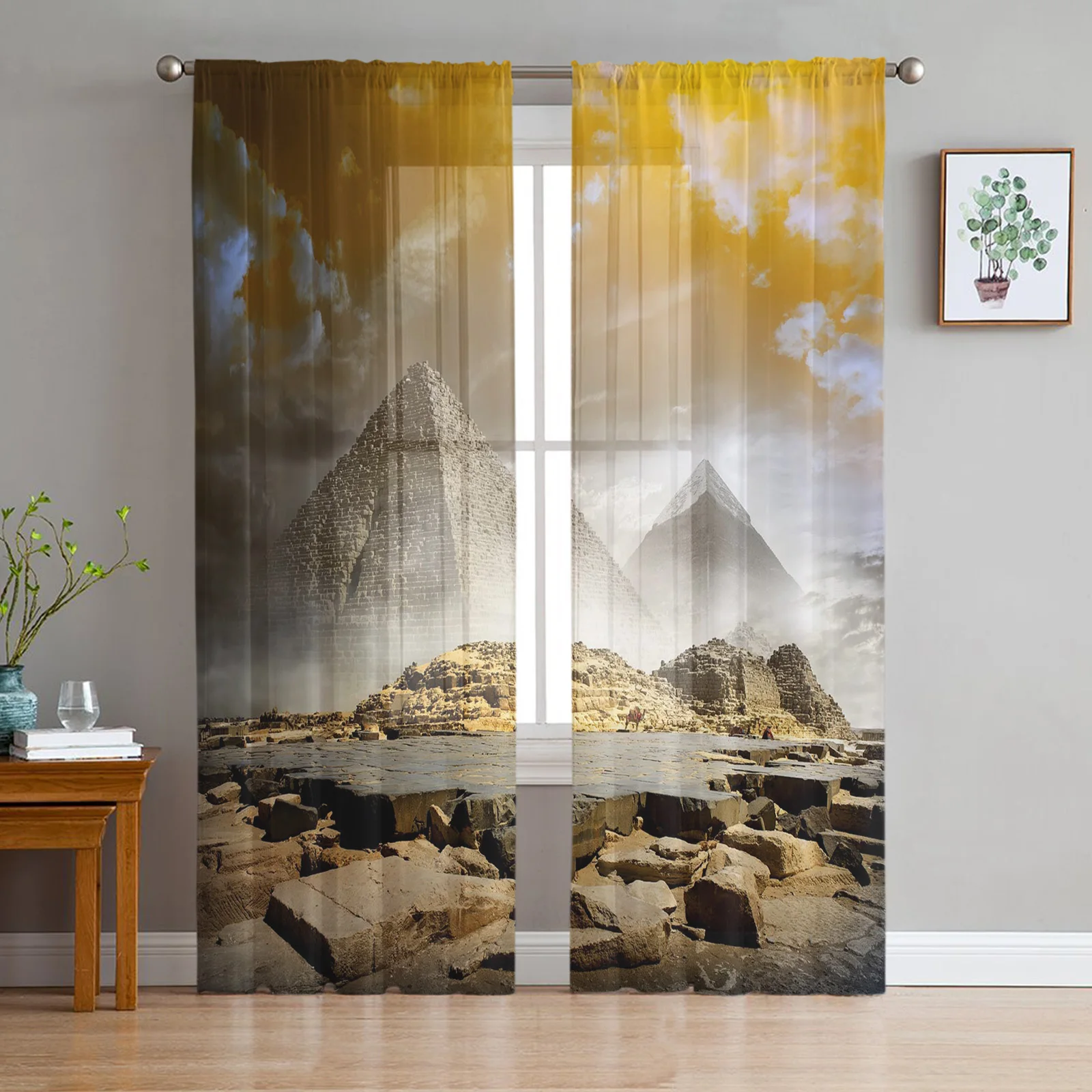 Egypt Pyramid Smog Sheer Curtains for Living Room Decoration Window Curtains for Kitchen Tulle Voile Organza Curtains