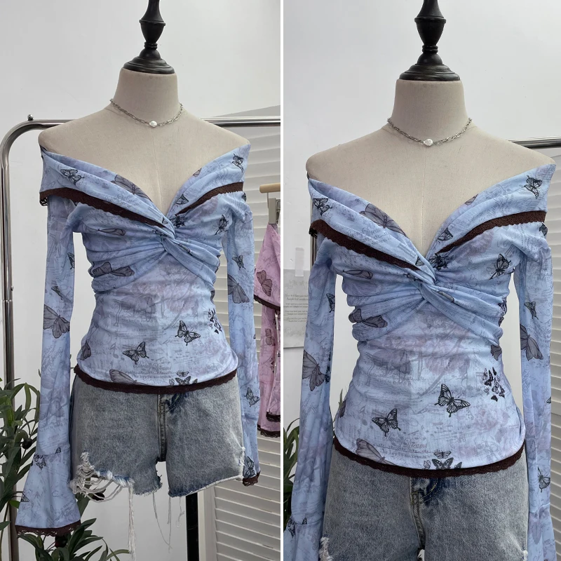 슬리밍 효과 원 숄더 긴 소매 큰 칼라 티셔츠 패셔너블한 디자인 프린트 캐주얼웨어 폴리에스터 소재