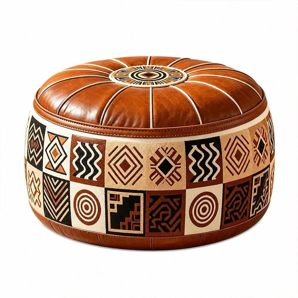 New PU Leather Fillable Ottoman Pouf Round Shape Moroccan Style Round Pouf Cover Embroidered Pattern Storage Ottoman Living Room