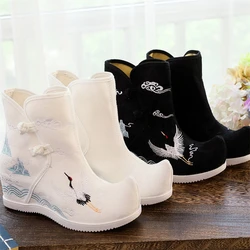Chinese Vintage Hidden-heels Single Hanfu Shoes Women's Ethnic Style Embroidered Short Boots Ancient Costume Cloth Shoes Gifts