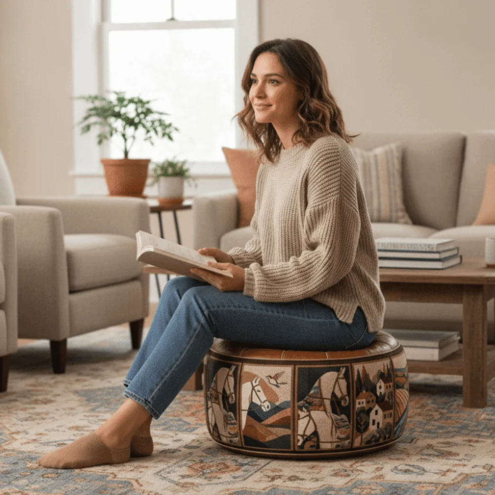 PU Leather Oil Painting Pattern Stool Cover Unfilled Large Capacity Footstool Cover Rustic Style Waterproof Clothes Storage Bag