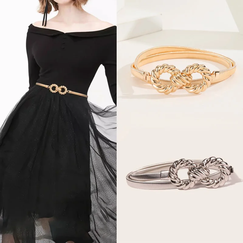 أحزمة سلسلة مطاطية ذهبية معدنية للسيدات، نمط كلاسيكي قابل للسحب، إبزيم دائري، إكسسوارات فستان سلسلة الخصر الأنيقة
