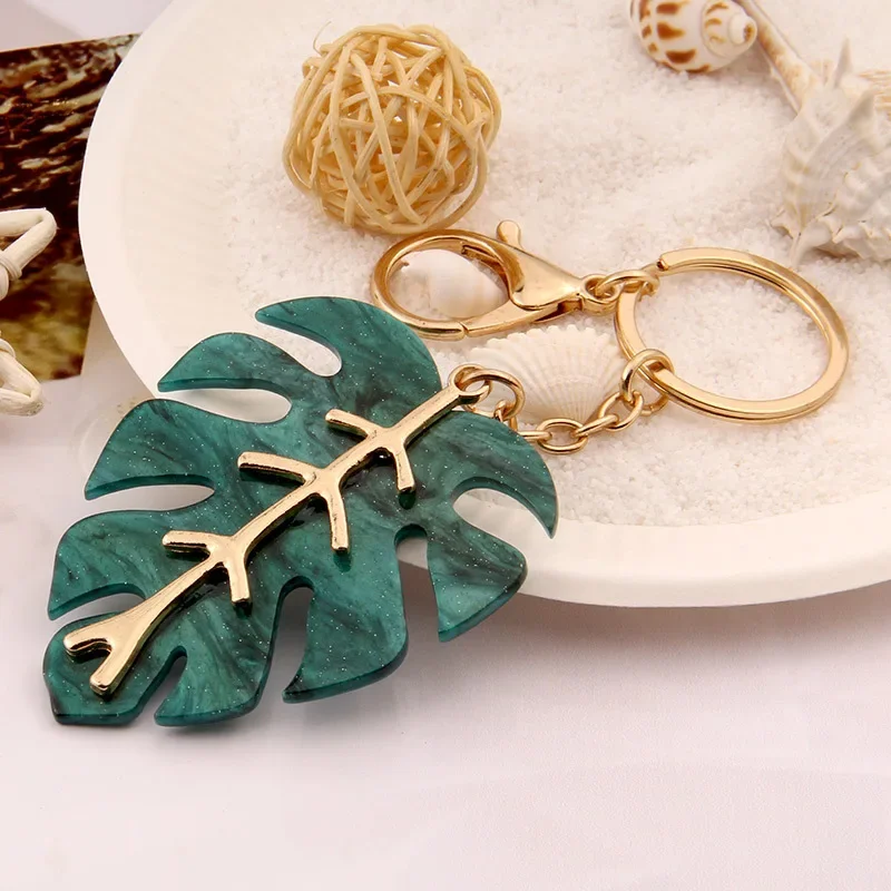 Elegant Plant Tropical Palm Green Leaf Key Chain Bag Pendant Acrylic Key Holder Birthday Girlfriend Couple Lover Gift