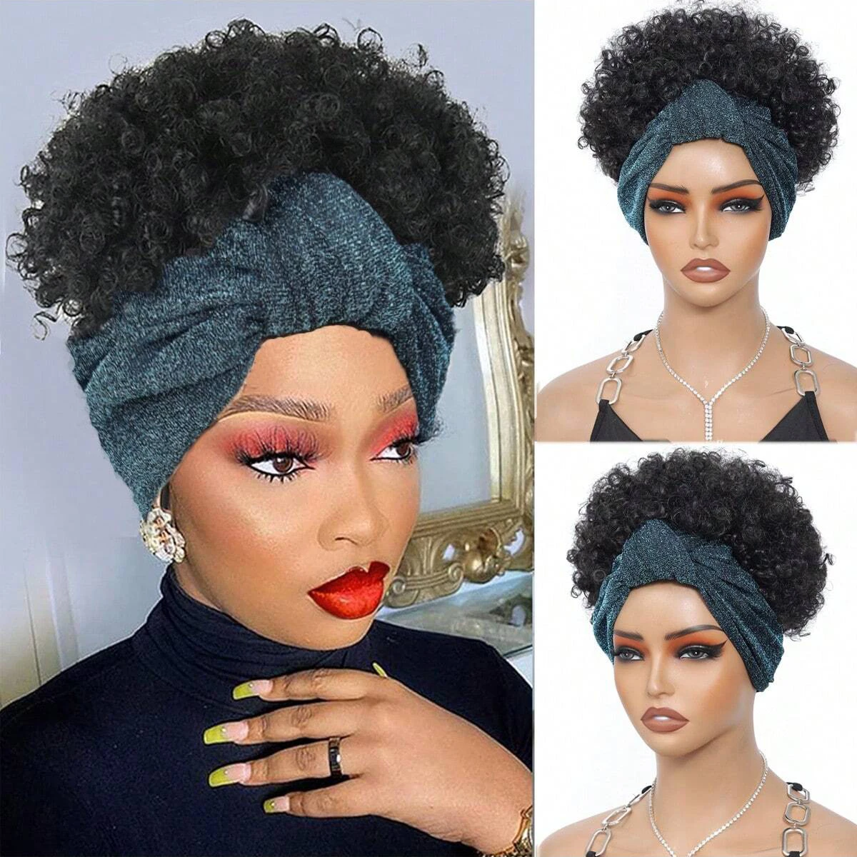 

Черные парики с повязкой на голову для женщин, афро-парик с кудрявыми волосами, короткие синтетические парики с прикрепленной повязкой, парики с головным убором.