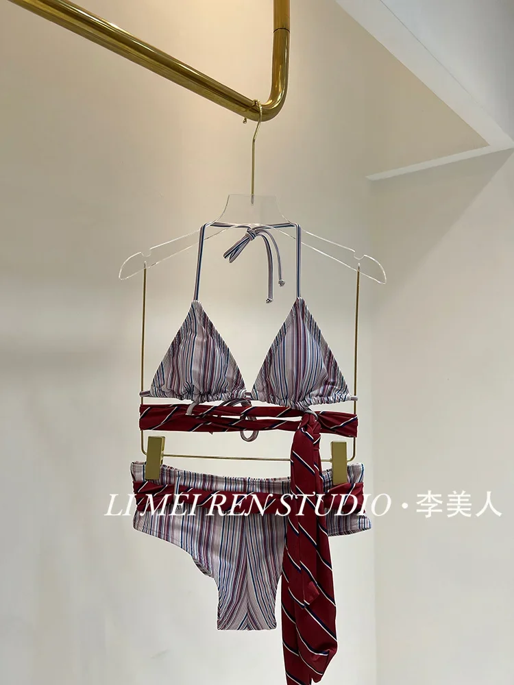 New Holiday shirt striped tie bikini split top swimsuit women's three piece set