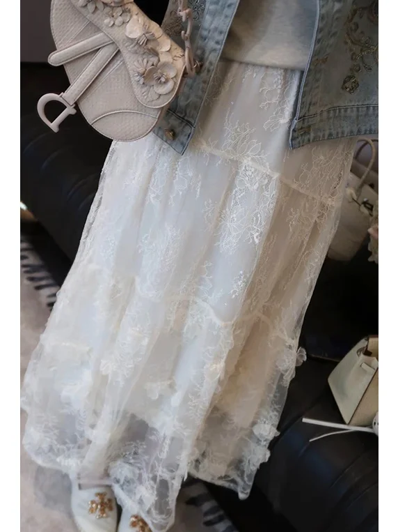 

Элегантная белая кружевная юбка А-силуэта миди для женщин, летняя новинка, из дышащей нейлоновой ткани, повседневная, для свиданий и прогулок, прямого кроя