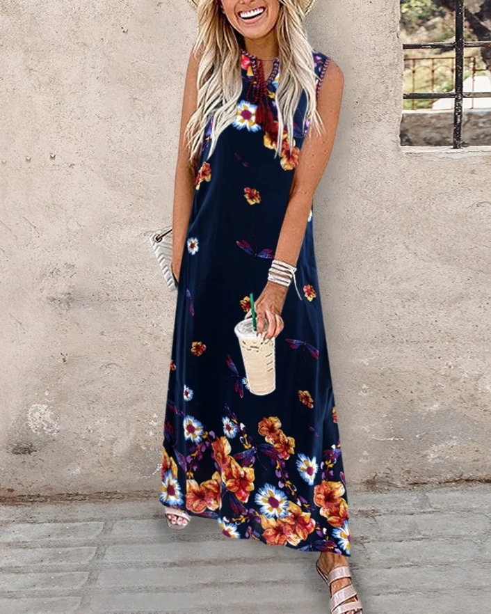 

Women Beach Dress 2024 Spring Summer Latest Round Neck Striped Colorblock Floral Print Maxi Dress Sleeveless Vacation Long Skirt