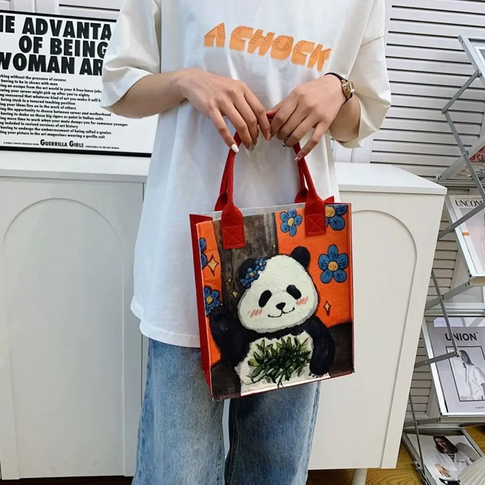 Portable Casual Portable Panda Felt Bag Gift Bag Printed Felt Handbag Solid Color Large Capacity Girls