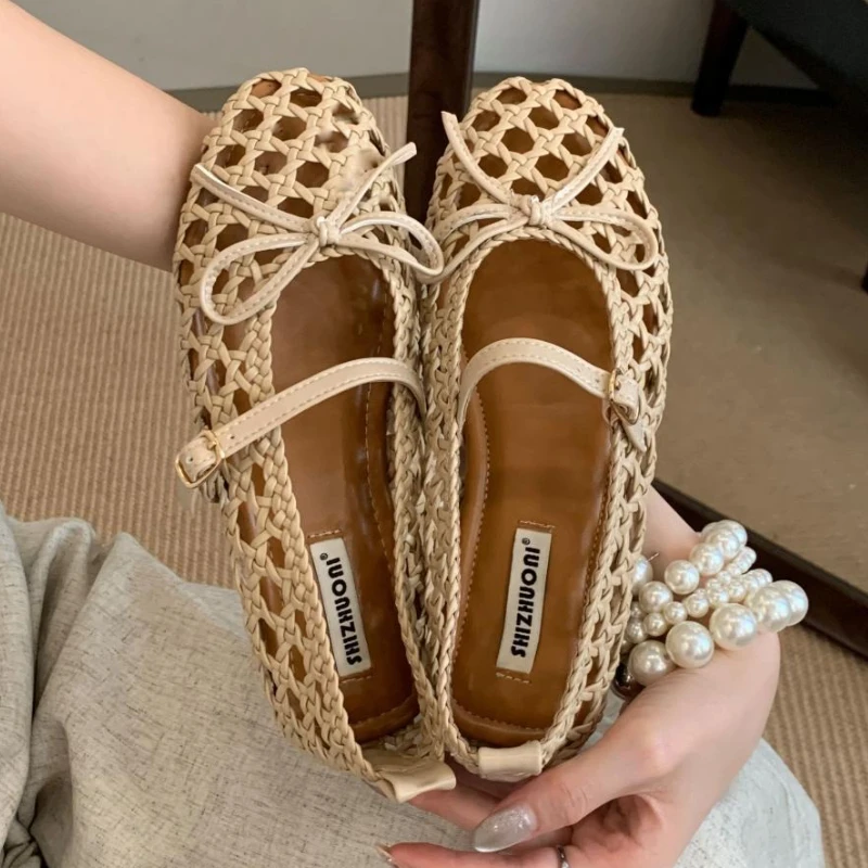 

Высококачественные туфли Мэри Джейн ручной работы из тканой сетки на плоской подошве, женская дизайнерская обувь в стиле ретро с неглубоким бантом, удобная нескользящая повседневная обувь