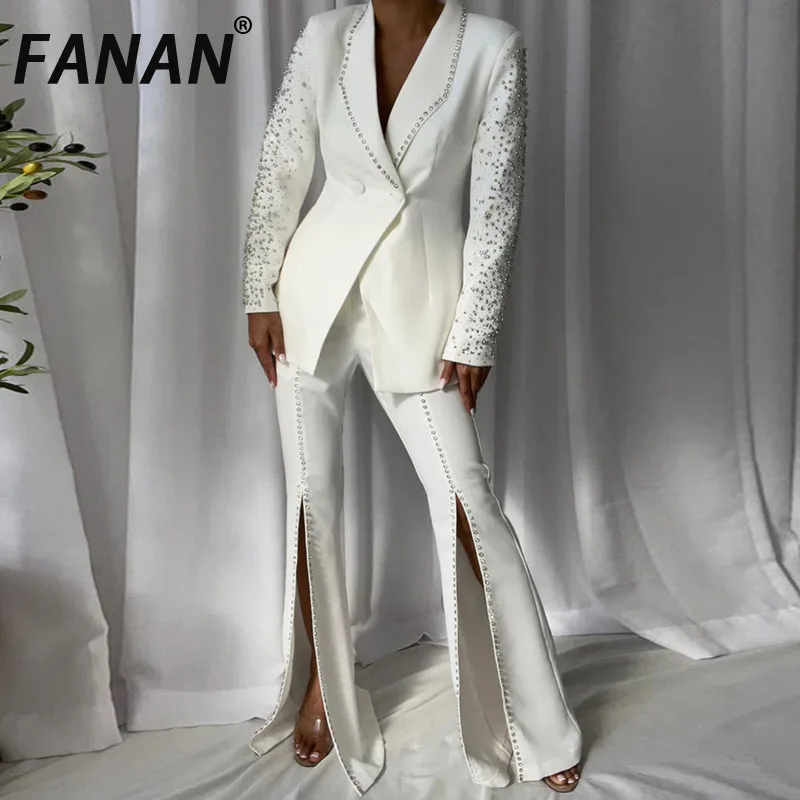 

FANAN Solid Spliced Diamonds Two Piece Set For Women Lapel Long Sleeve Blazer High Waist Pant Slim Sets Female 2025 New Autumn