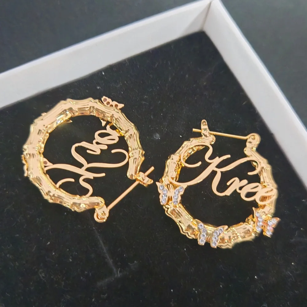 

LeeChee Bamboo Earrings with Personalized Stainless Steel Letter Butterfly Design Diamond Hoop Sexy Jewelry for Women