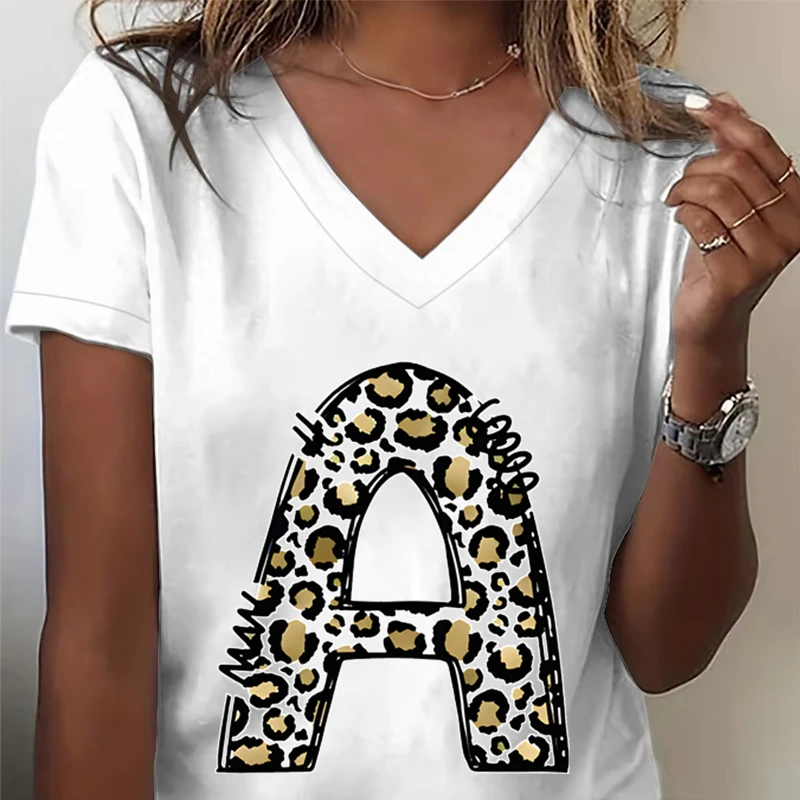 Leopard Print Letter R Women's V-Neck T-Shirt Western Print 26 Initials Graphic T Shirts A-Z 26 Alphabet Leopard Print Tops Tees