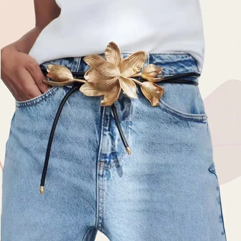 Metal tulip big flower leather rope waist chain ladies 2024 new fashion retro female jeans dress belt accessories