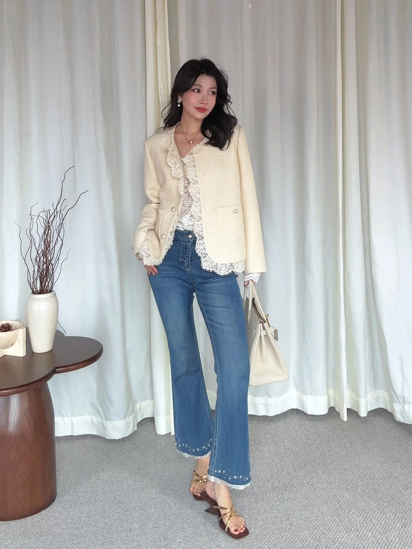 

ME Pearl Bell Bot Jeans High Waist Slimming Nine Crop Denim Pants Spring 2026 New Arrival Luxury Brand Heavy Du Beading