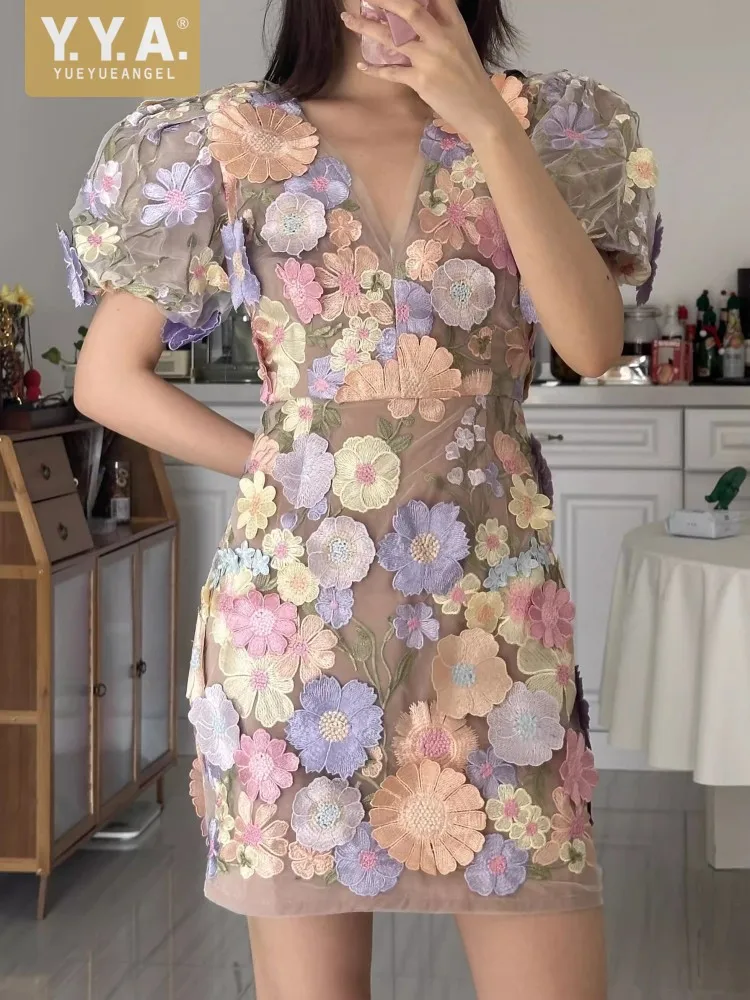 

Summer Elegant Vintage Printed Flowers Dress French Style A-Line V-Neck Above Knee Mini Puff Sleeve Holiday Princess Dresses