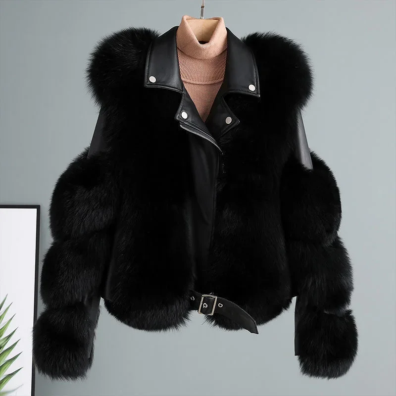 Fashionable warm short fox fur coat and sheepskin leather full fox fur motorcycle jacket luxury women\'s 2024 winter new