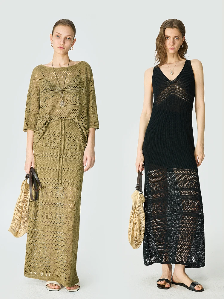

Lightweight Breathable V-Ne Knitted Dr Set Cotton Fine Fce Hollow out Knit One oulder Top And Dr Ensemble
