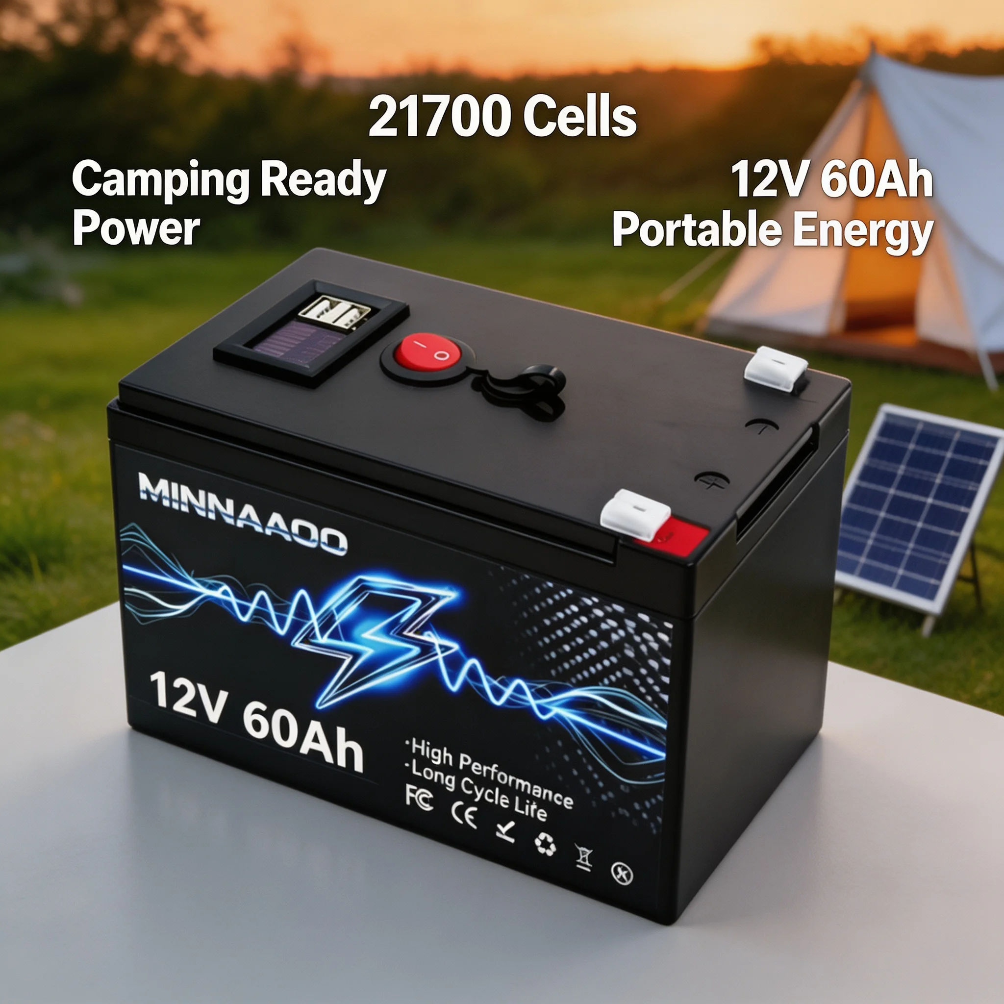 Selbstentladungsarmer Outdoor-Camping-Akku 12V 60Ah LiFePO4 21700 Zellen Tiefzyklus BMS-geschützt für Fischfinder, Roller, Power Wheels