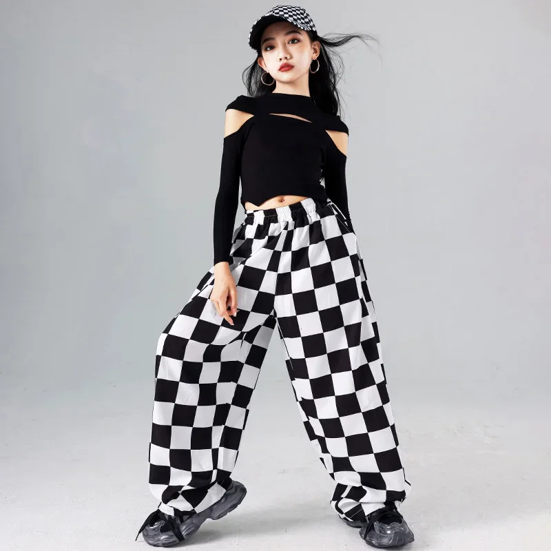 Mädchen Hip Hop Off Schulter Crop Top Plaid Jogger Hosen Kleidung Kinder Streetwear Sets Kinder Jazz Street Dance K-pop kostüm