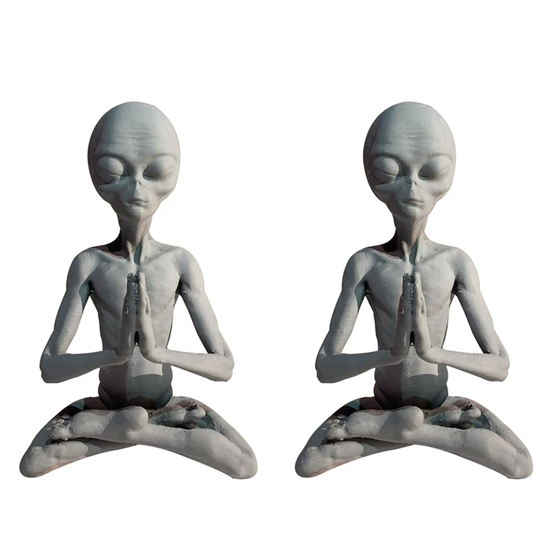 

2X Witchcraft Meditation Alien Statue Mini Resin Ornament Alien Garden Home Office Yard Art Decor For Indoor Outdoor