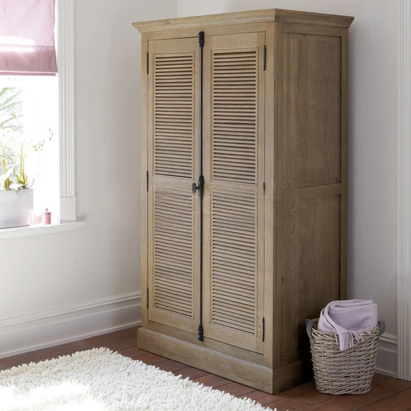 Oak simple American French country solid wood double door heaven and earth lock louver locker large capacity wardrobe