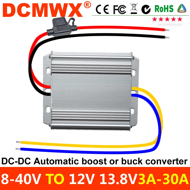 

DCMWX DC 8-40V to DC 12V 13.8V 3A 6A 10A 20A 25A 30A Boost Buck Converter Voltage Stabilizer Regulator CE RoHS for Cars Solar