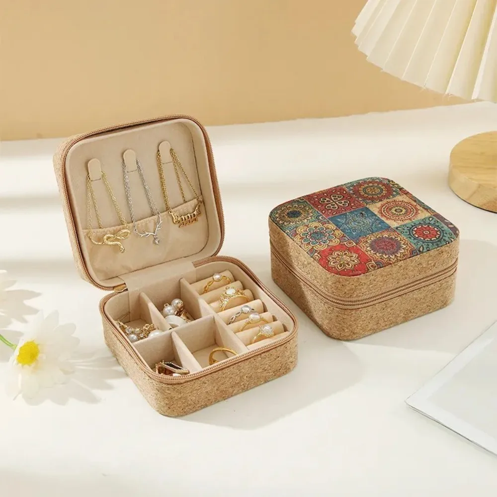 Durable Cork Wood Jewelry Storage Box Portable Useful Cosmetic Holder Double Box Ring Earrings Organizer Travel Supplies