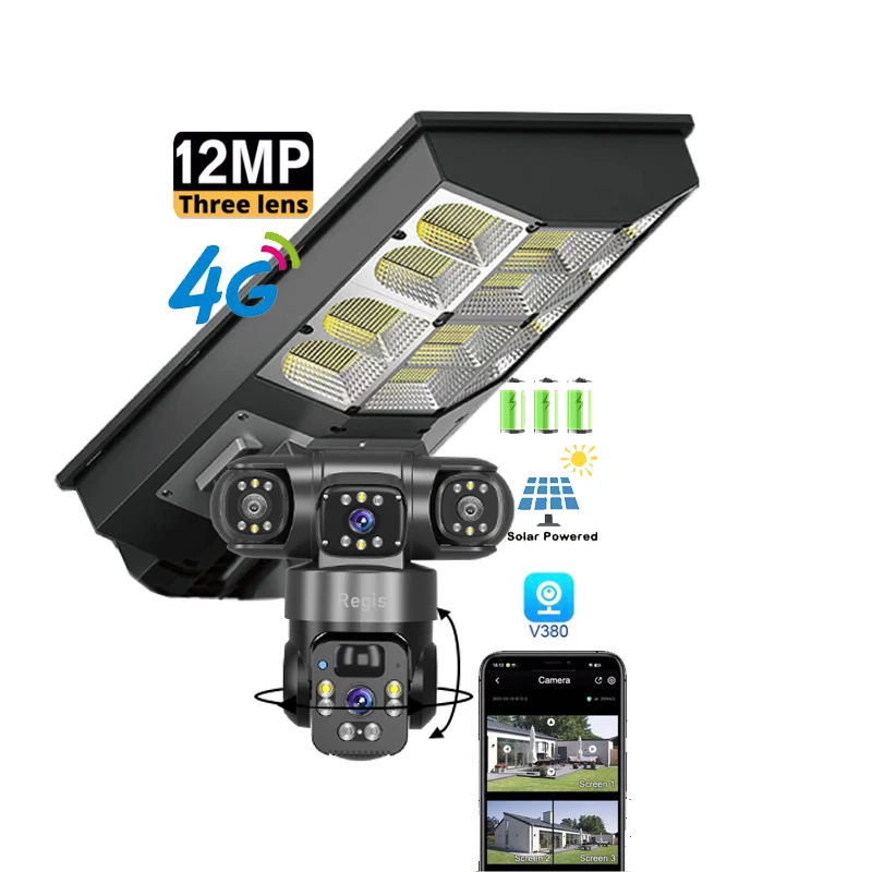 كاميرا Regis V380 Pro Solar Street Light CCTV 4G IP 12MP خارجية متعددة العدسات 3 شاشات PTZ ميكروفون مدمج للرؤية الليلية #1