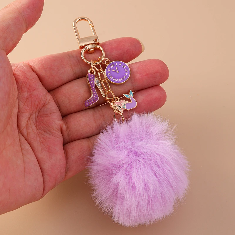 Aihua 15 Farben Flauschiger Fell-Pompon Schlüsselanhänger Weicher Kunstfell-Kaninchenball Auto-Schlüsselring Pompom Schlüsselkette Schlüsselhalter Damen Taschenanhänger – Detail 3